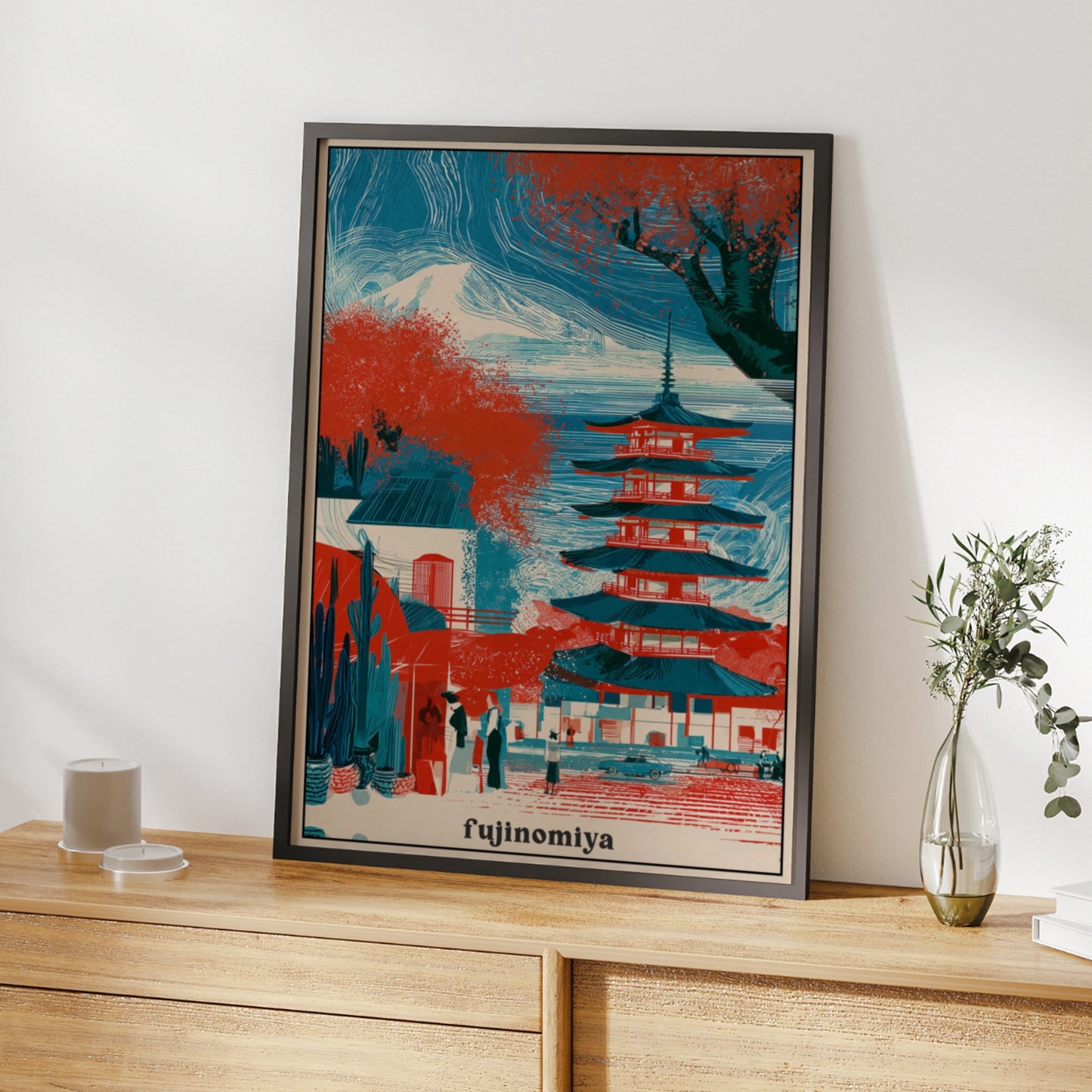 Fujinomiya Japan Travel Poster, Japanese Pagoda Wall Art, Mount Fuji Print, Red Blue
