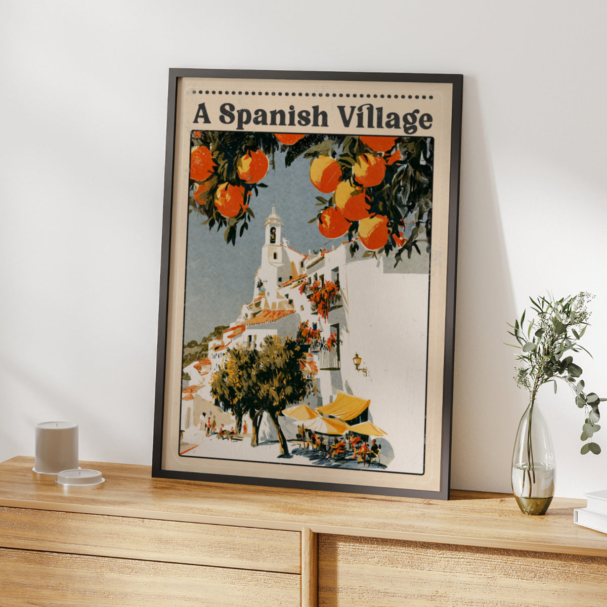 Spanish Village Vintage Travel Poster, Mediterranean Wall Art, Orange Tree Print