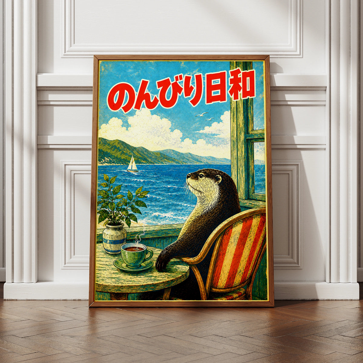 Japanese Otter Poster, Retro Japan Wall Art, Cute Otter Print, Vintage Cafe Sea View