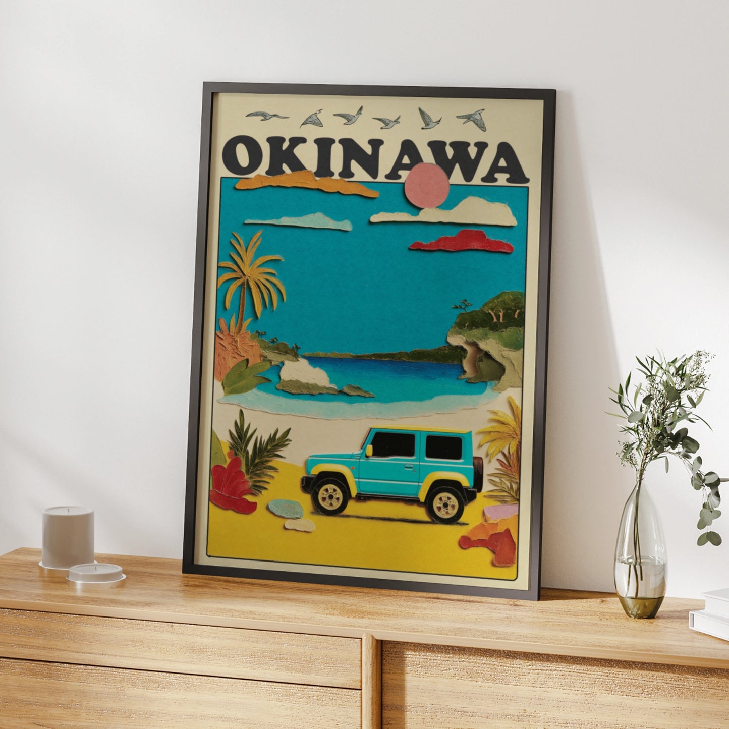 Okinawa Travel Poster, Japan Beach Wall Art, Retro Jeep Print, Tropical Island Decor