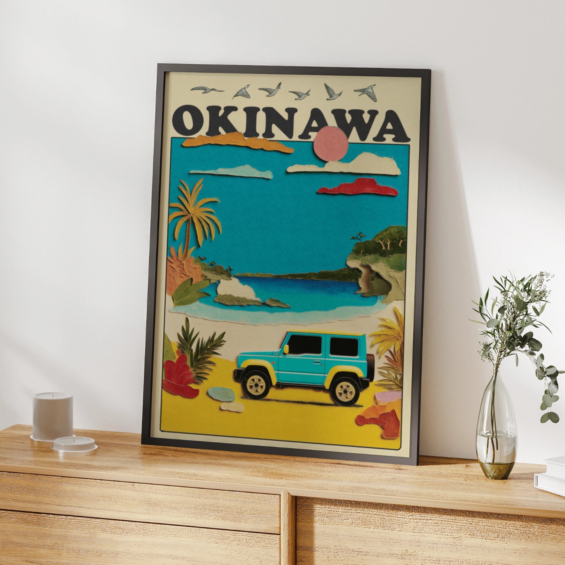Okinawa Travel Poster, Japan Beach Wall Art, Retro Jeep Print, Tropical Island Decor