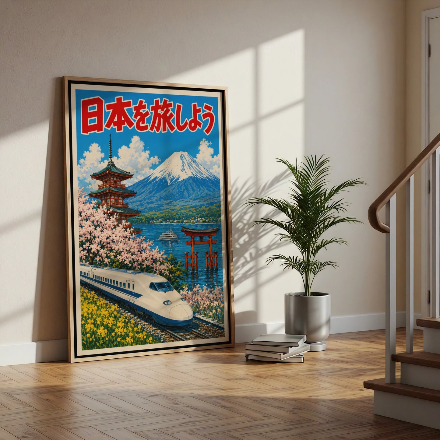 Travel Japan Poster, Mount Fuji Shinkansen Print, Japanese Wall Art, Torii Gate Cherry Blossom