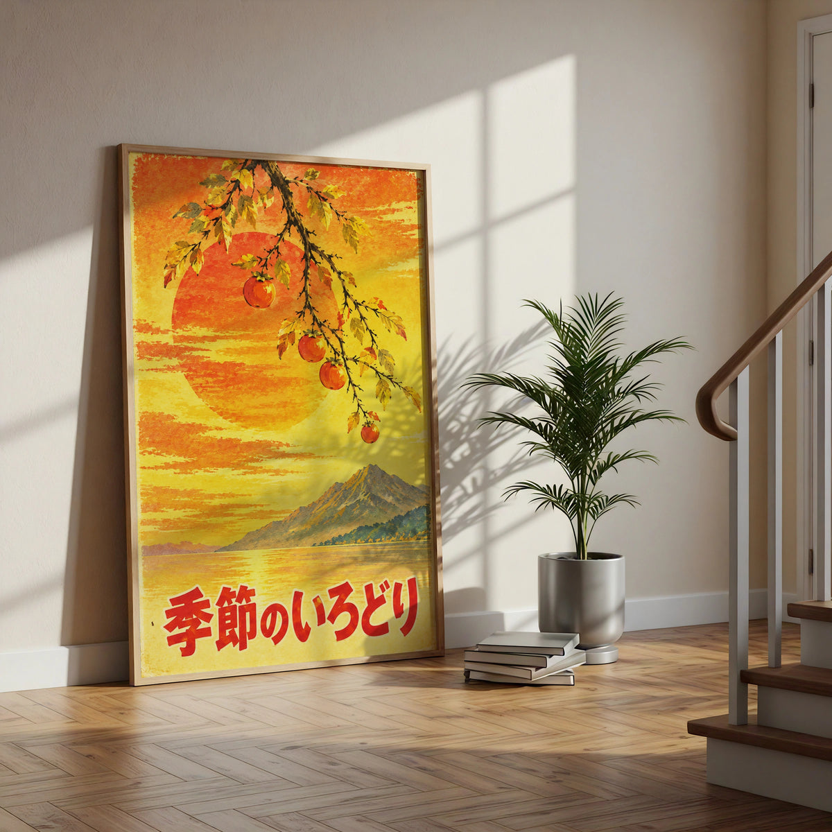 Japanese Autumn Persimmon Branch Poster, Vintage Japan Sunset Mountain Wall Art Print