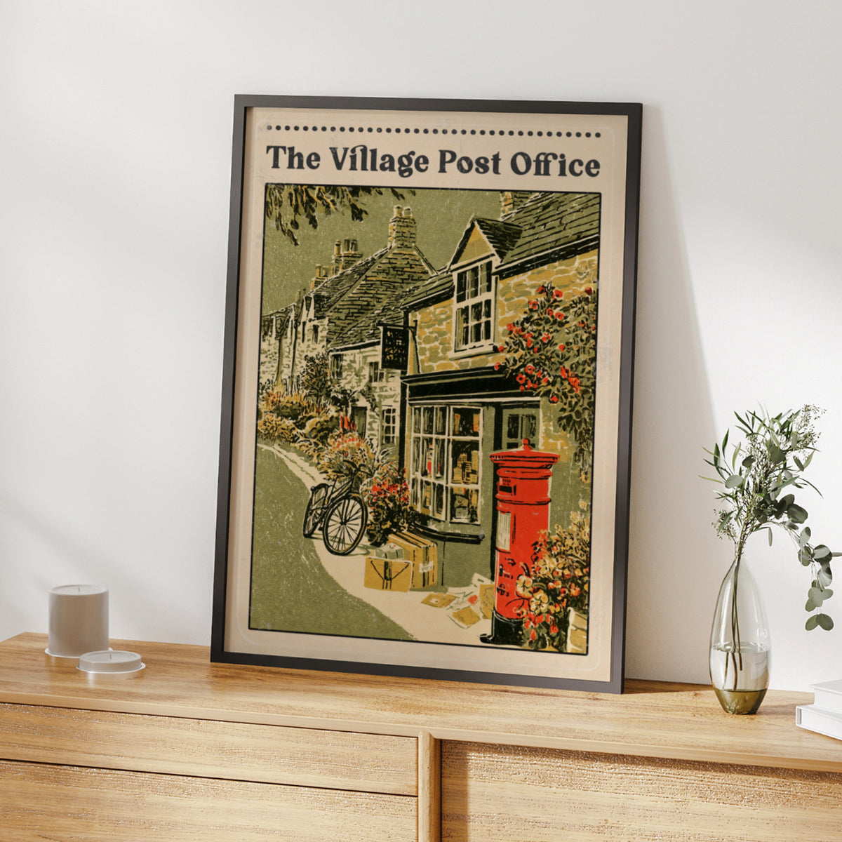 Village Post Office Vintage British Print, Red Postbox Wall Art, Retro English Countryside Poster