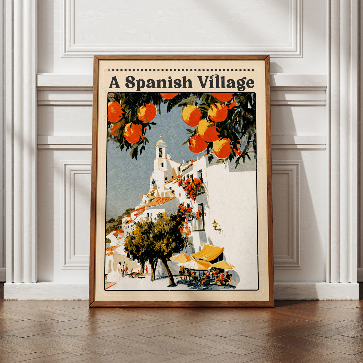Spanish Village Vintage Travel Poster, Mediterranean Wall Art, Orange Tree Print