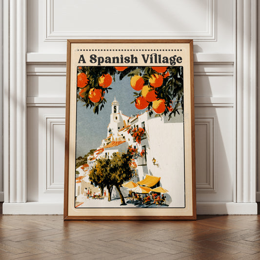 Spanish Village Vintage Travel Poster, Mediterranean Wall Art, Orange Tree Print