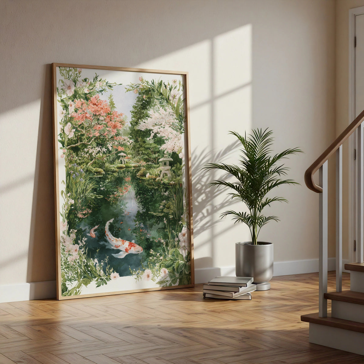 Japanese Koi Garden Poster, Watercolour Koi Pond Print, Zen Wall Art, Floral