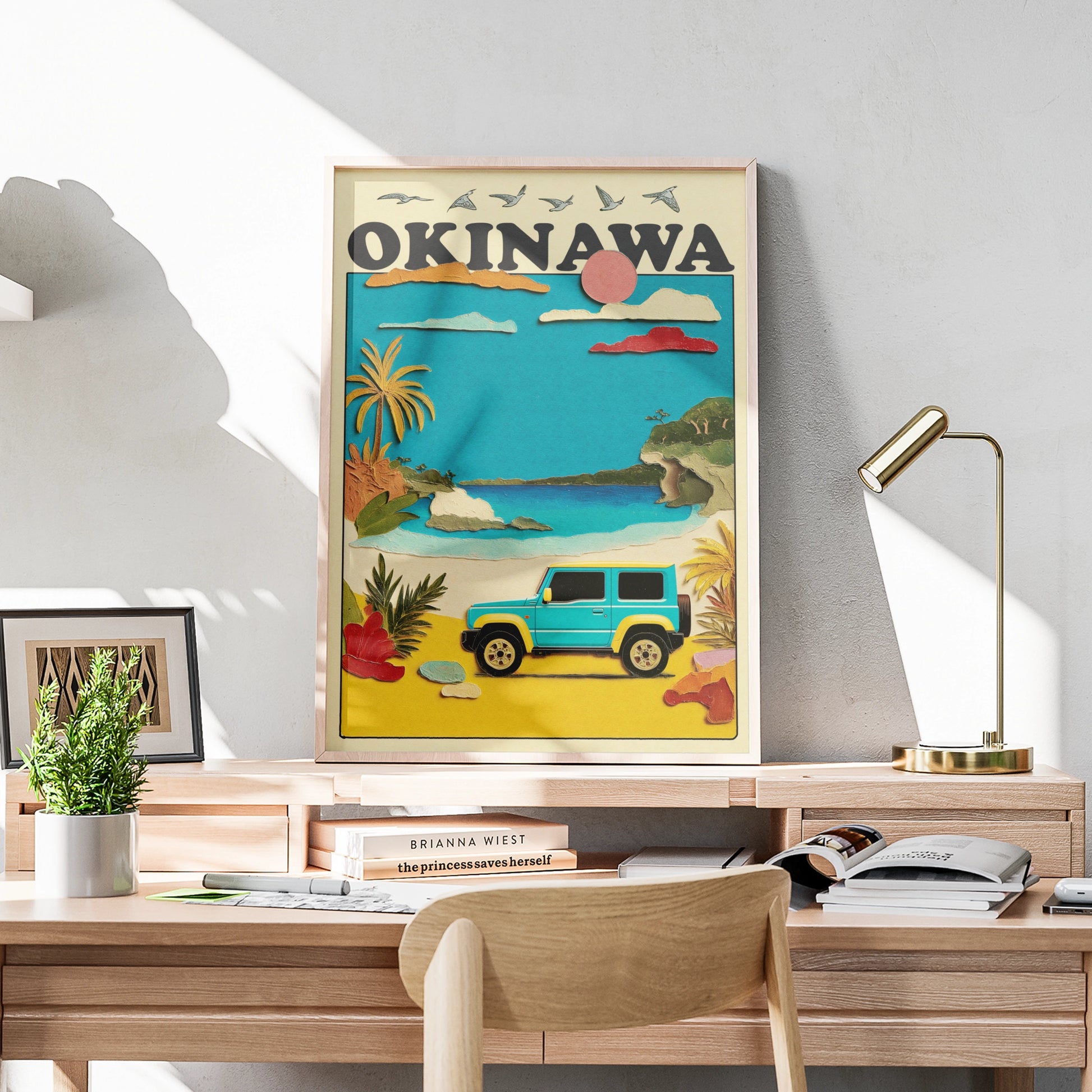 Okinawa Travel Poster, Japan Beach Wall Art, Retro Jeep Print, Tropical Island Decor