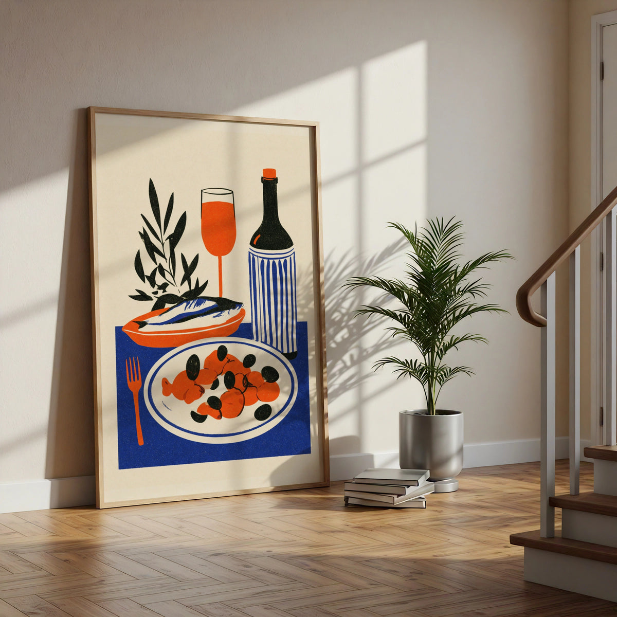Mediterranean Food Poster, Kitchen Wall Art Print, Olive Fish Wine Illustration