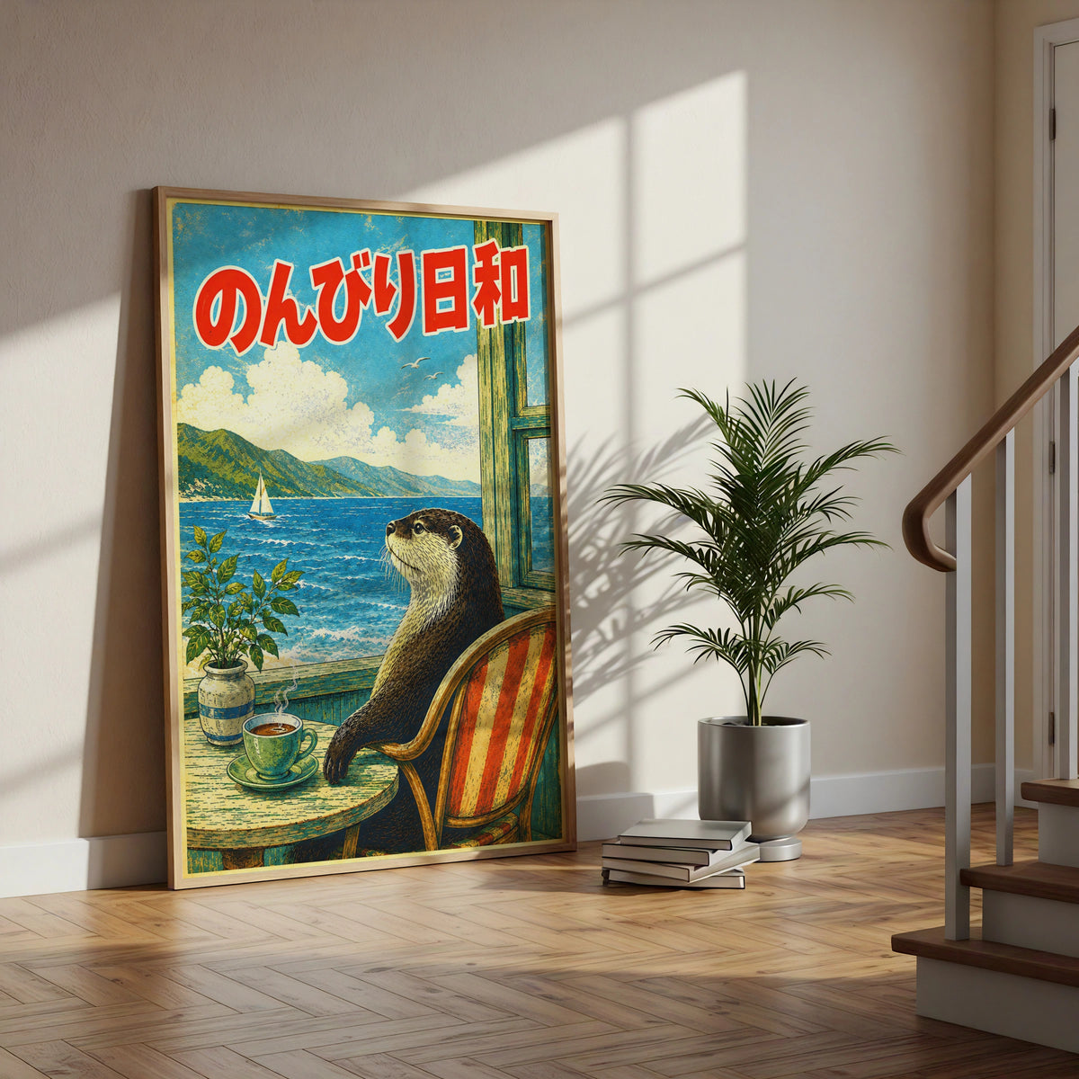 Japanese Otter Poster, Retro Japan Wall Art, Cute Otter Print, Vintage Cafe Sea View