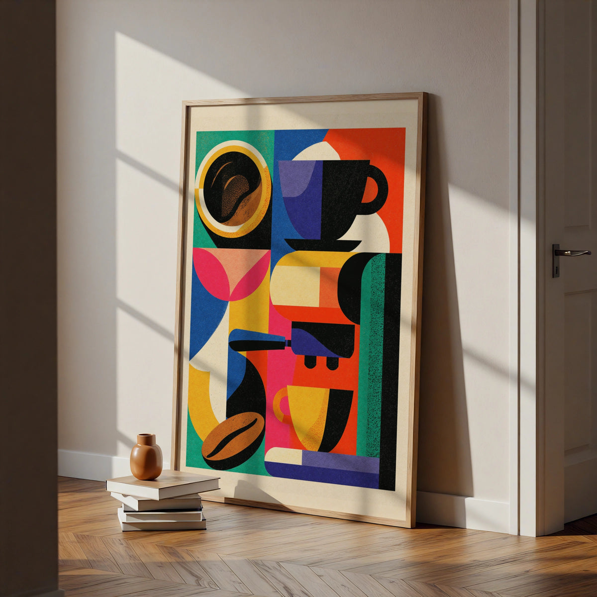 Colourful Coffee Art Print, Bold Geometric Espresso Poster, Kitchen Wall Decor
