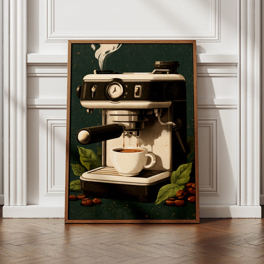 Espresso Machine Poster, Vintage Coffee Art Print, Retro Cafe Wall Decor, Kitchen Gift