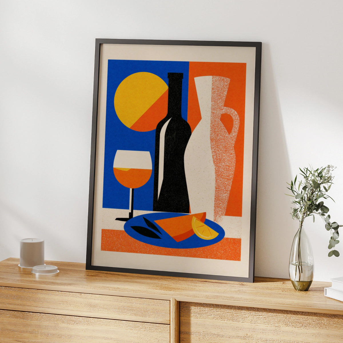 Mediterranean Still Life Poster, Wine Bottle Art Print, Bold Geometric Kitchen Wall Decor