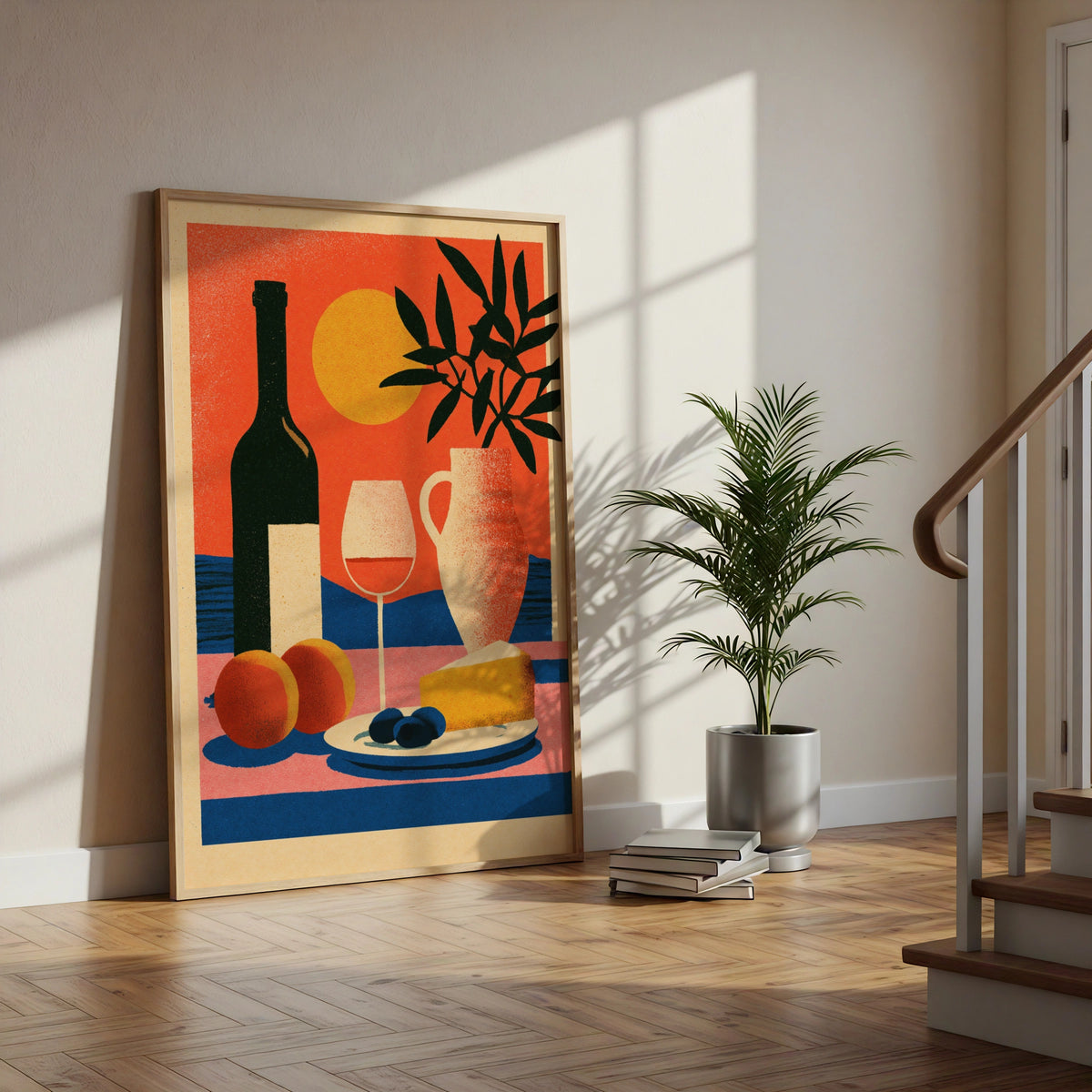 Mediterranean Still Life Wine Poster, Kitchen Wall Art, Cheese Olives Sun Print