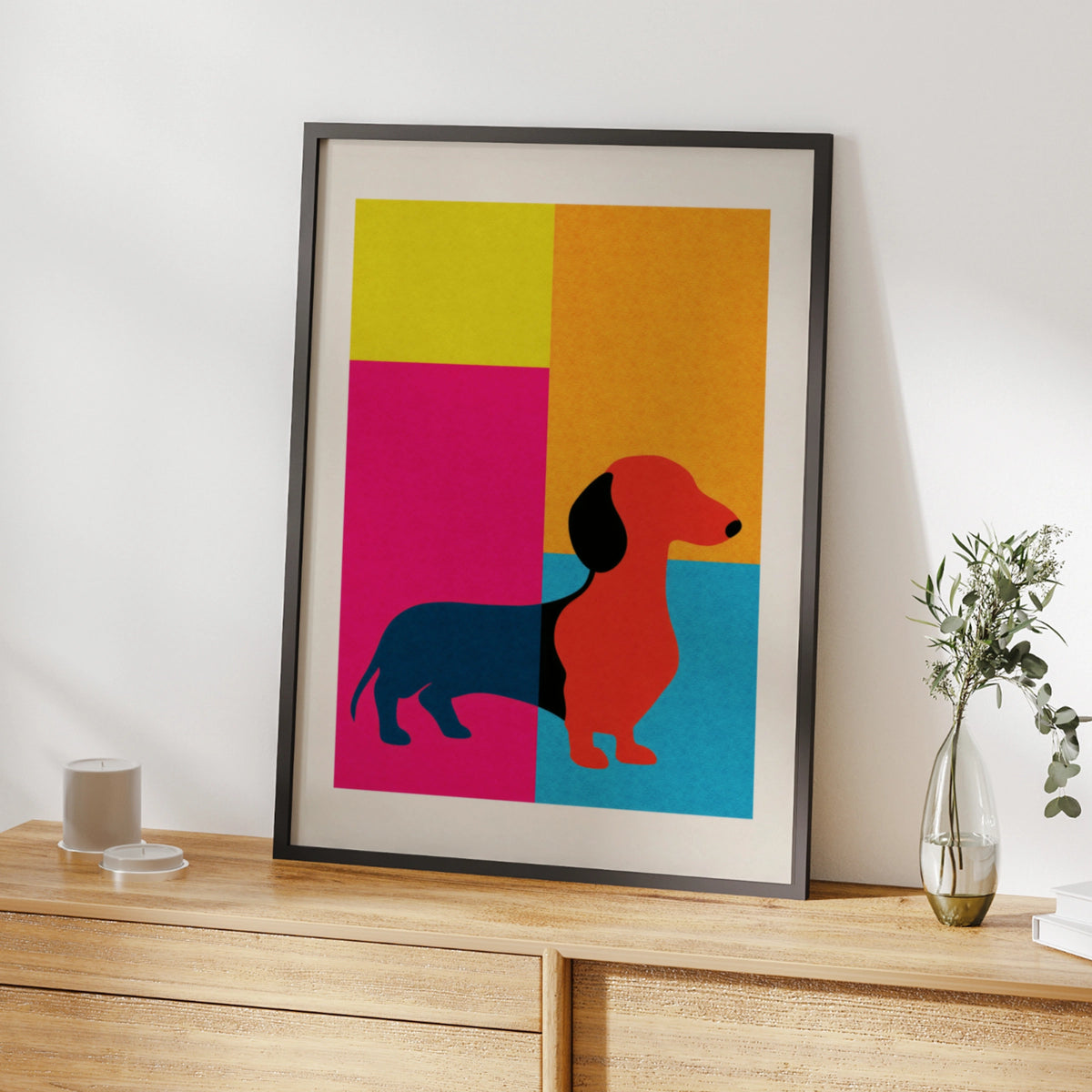 Dachshund Pop Art Poster, Bold Colourful Sausage Dog Print, Modern Dog Wall Art
