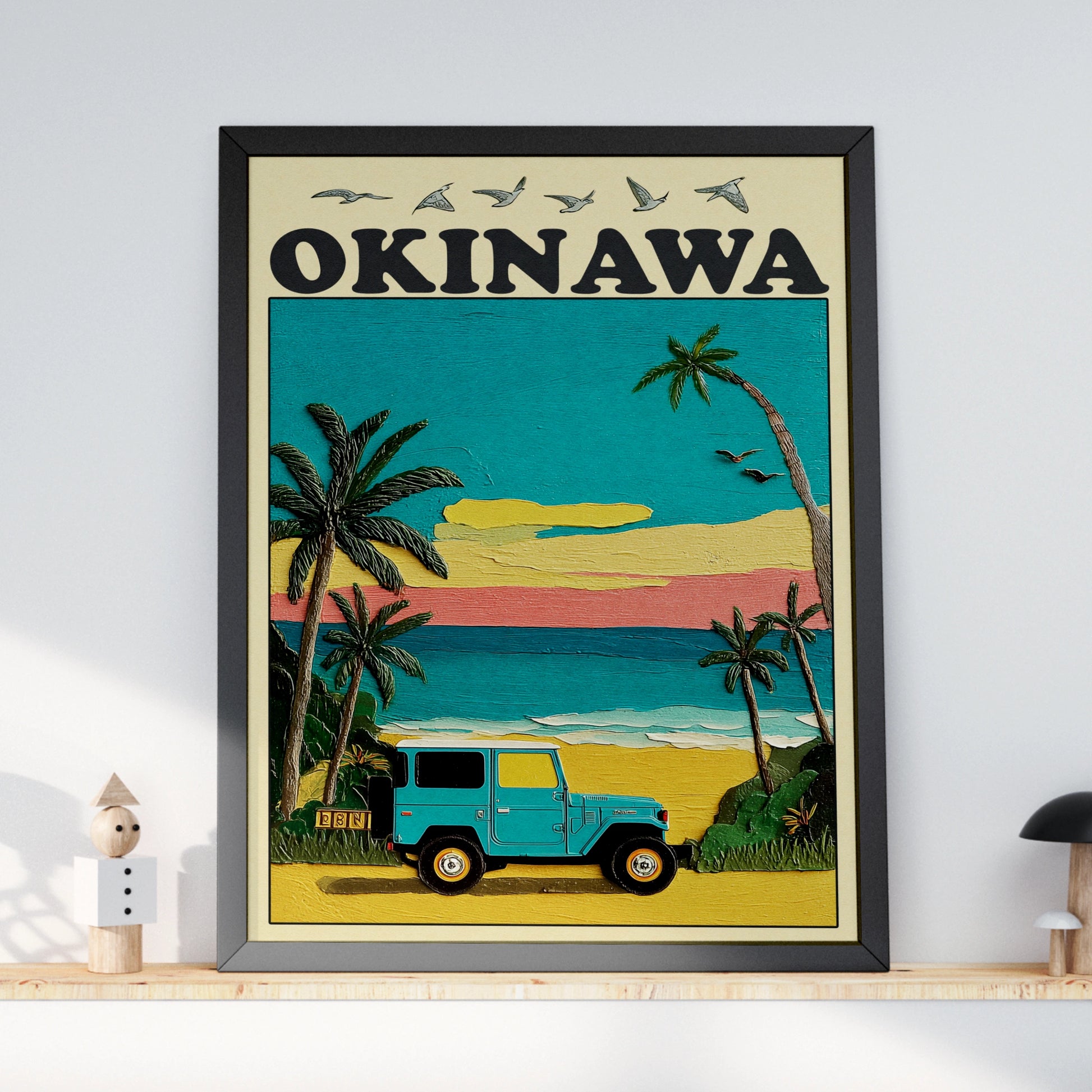Okinawa Travel Poster, Japan Beach Print, Retro Jeep Wall Art, Vintage Tropical
