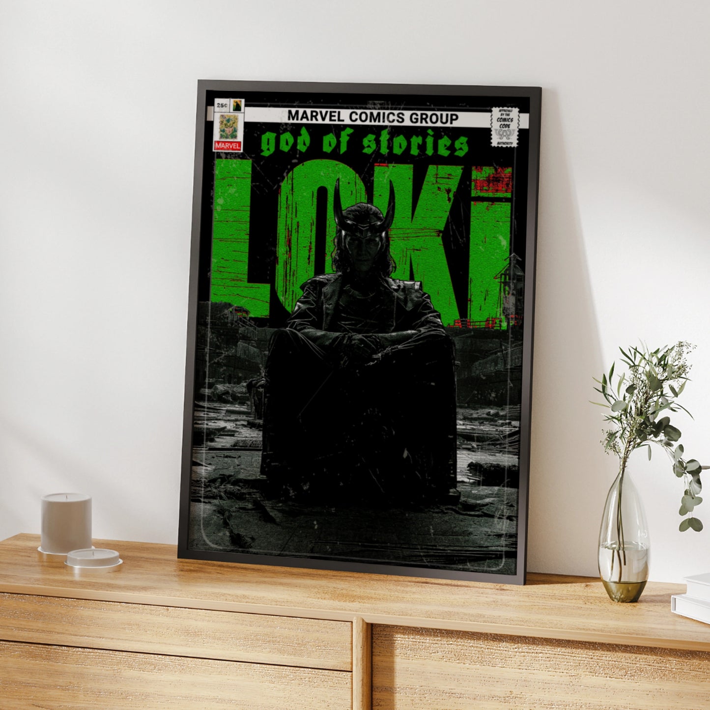 Loki God of Stories Poster, Marvel Comic Book Print, Green Black Wall Art