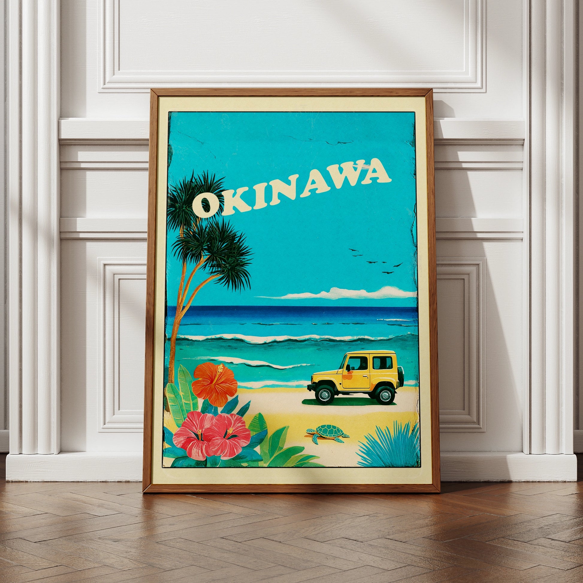 Okinawa Retro Travel Poster, Japan Beach Print, Vintage Tropical Wall Art, Jeep