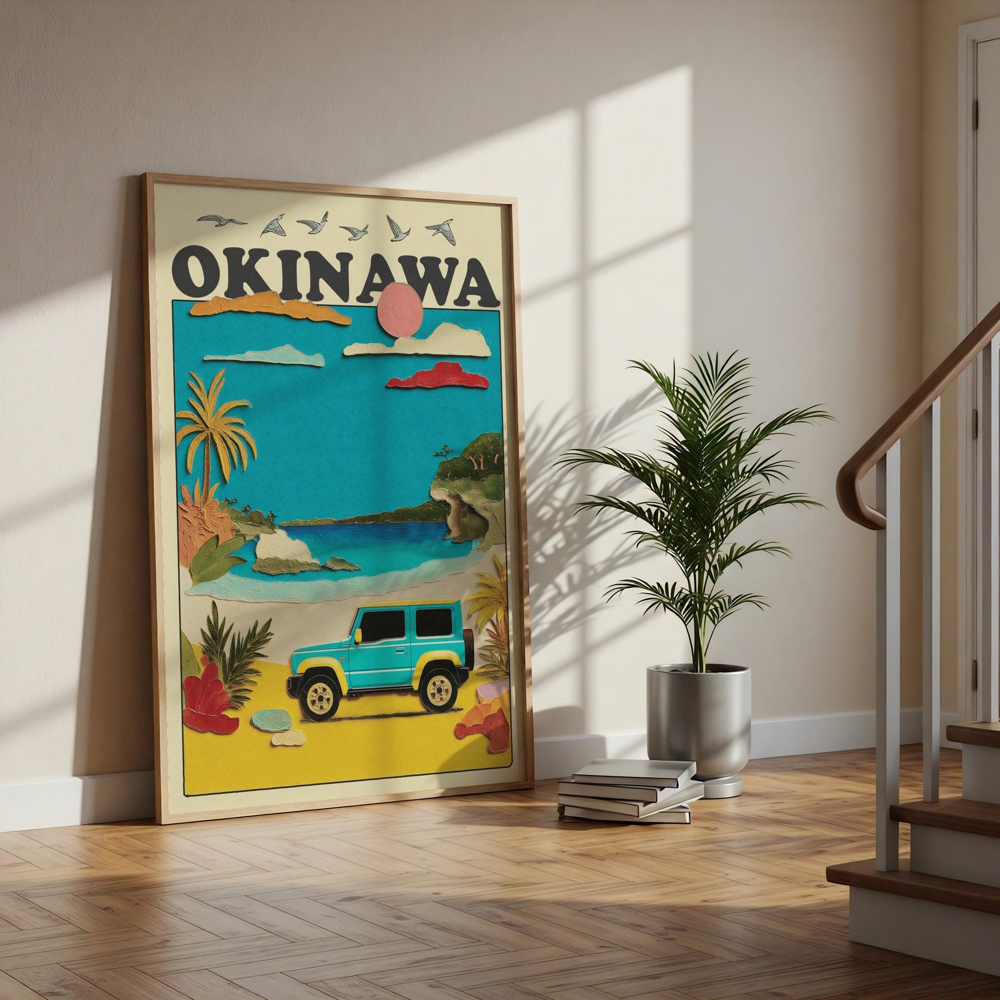 Okinawa Travel Poster, Japan Beach Wall Art, Retro Jeep Print, Tropical Island Decor
