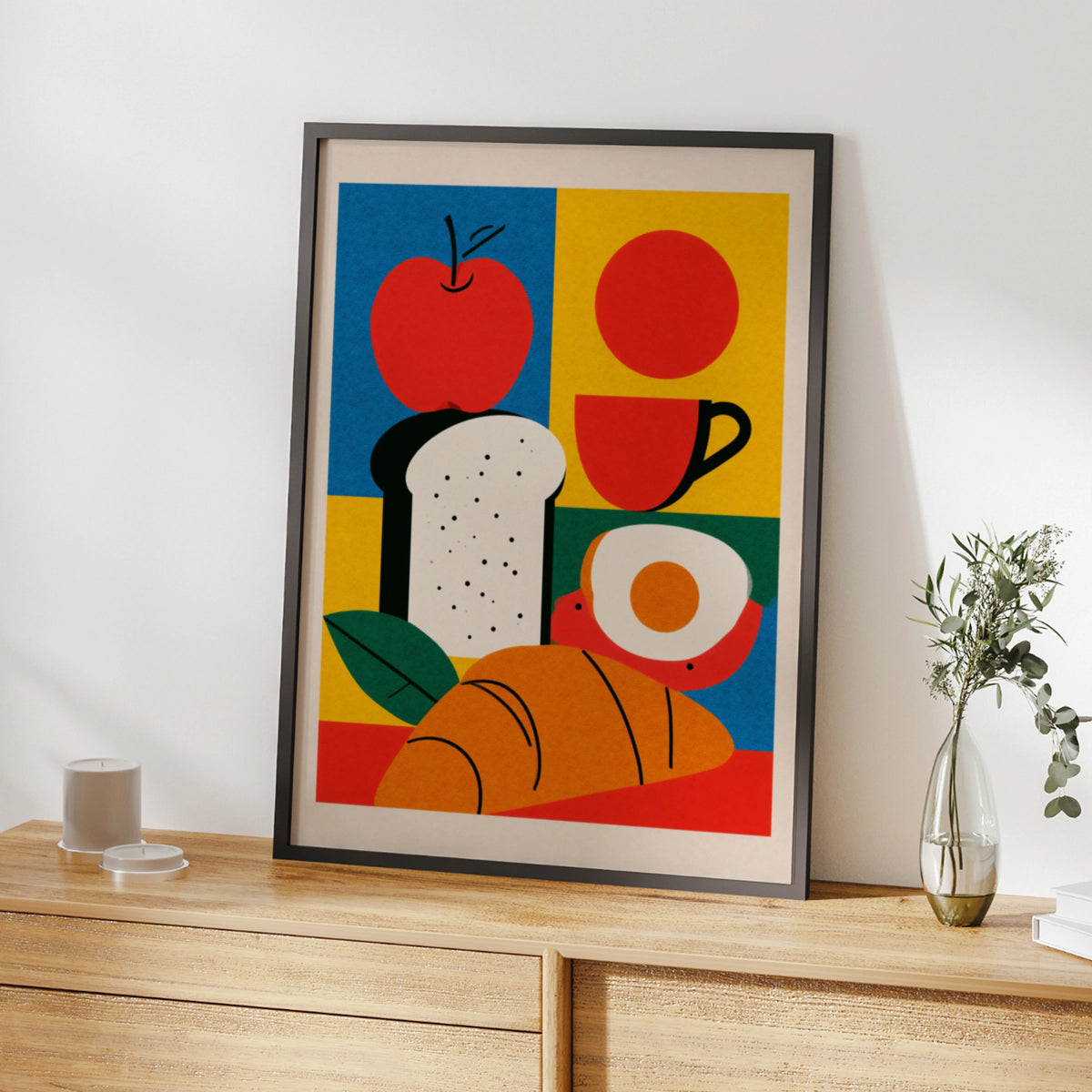 Bakery Breakfast Poster, Bold Retro Kitchen Wall Art, Bread Egg Apple Coffee Print