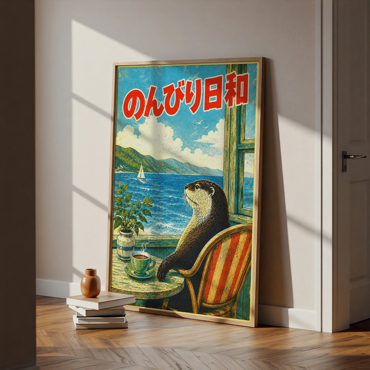 Japanese Otter Poster, Retro Japan Wall Art, Cute Otter Print, Vintage Cafe Sea View