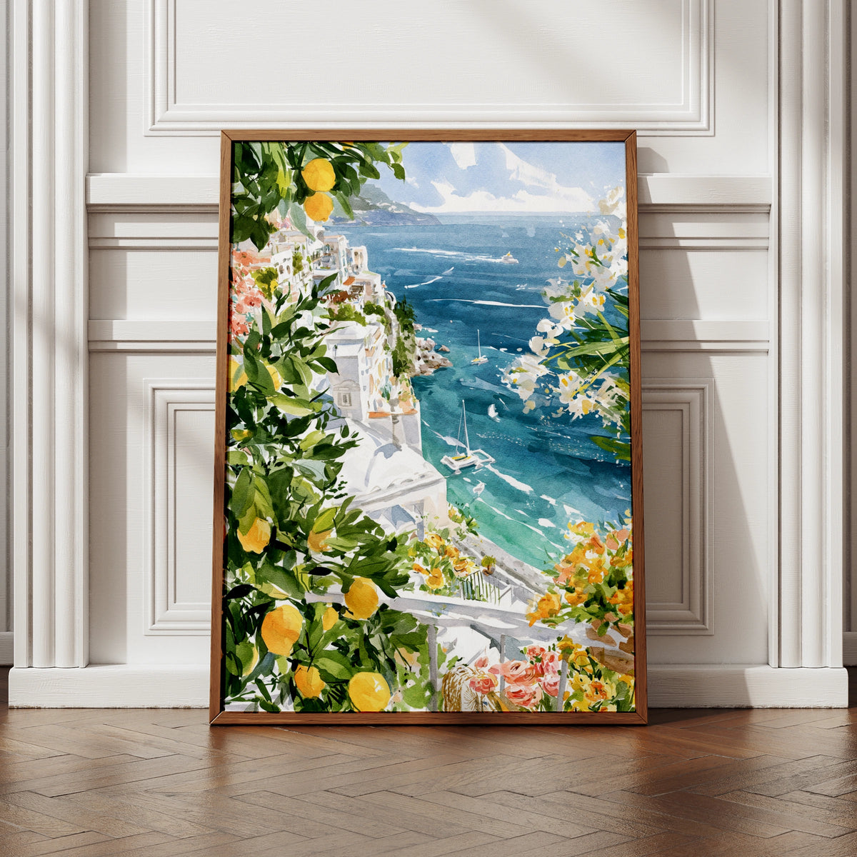 Amalfi Coast Poster, Italy Watercolour Wall Art, Lemon Tree Print, Mediterranean Travel Decor