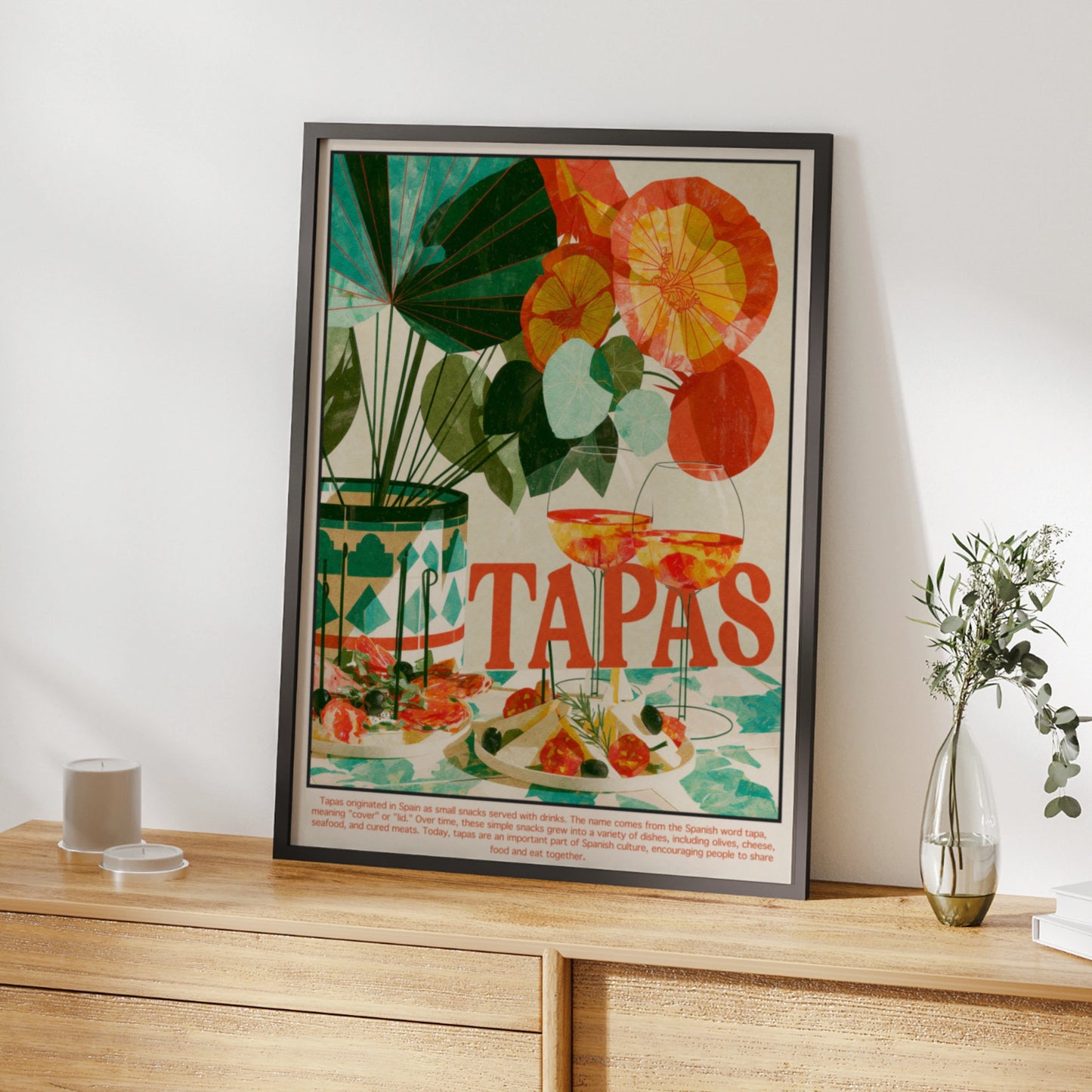 Tapas Poster, Spanish Food Wall Art, Retro Spain Kitchen Print, Colourful Dining Room Decor