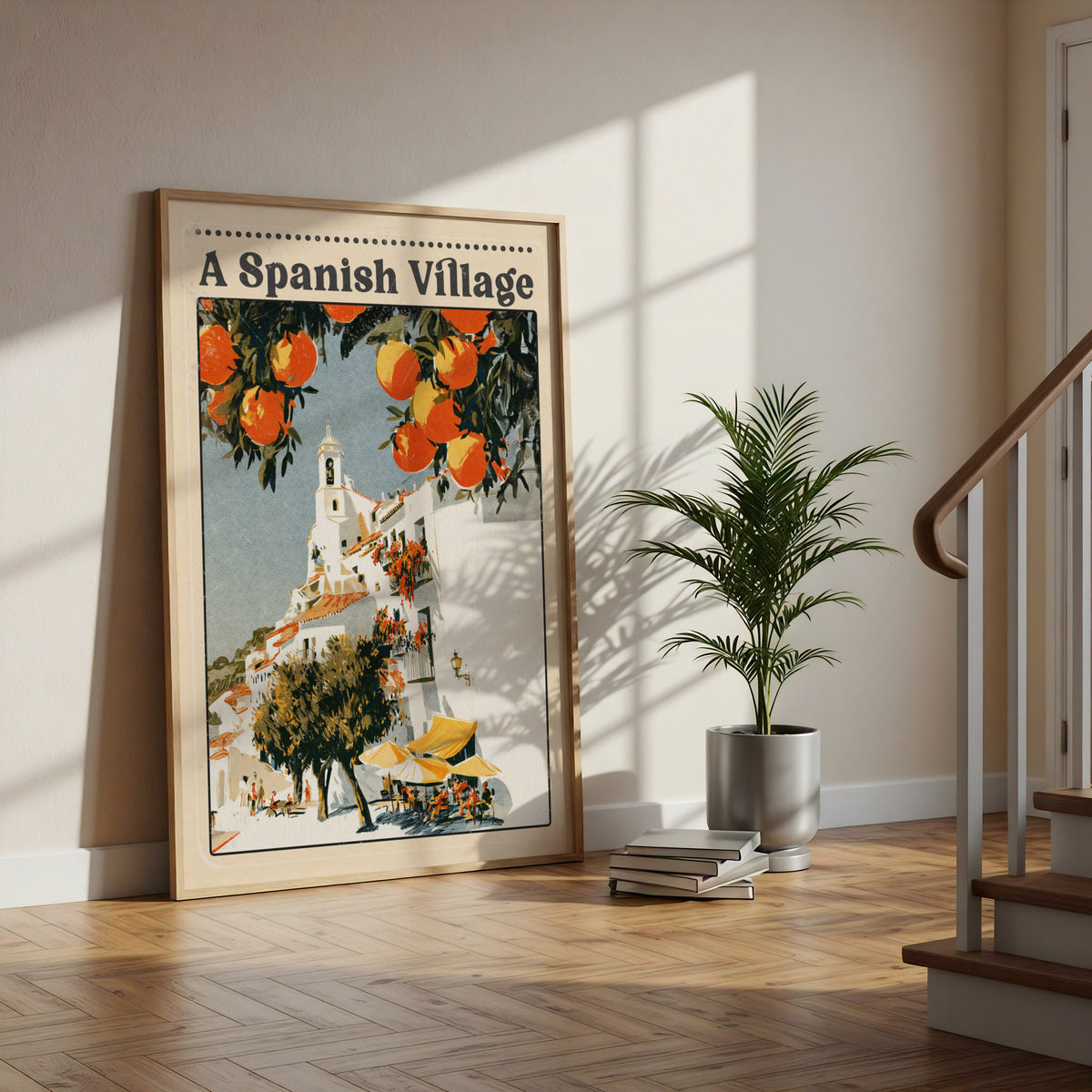 Spanish Village Vintage Travel Poster, Mediterranean Wall Art, Orange Tree Print