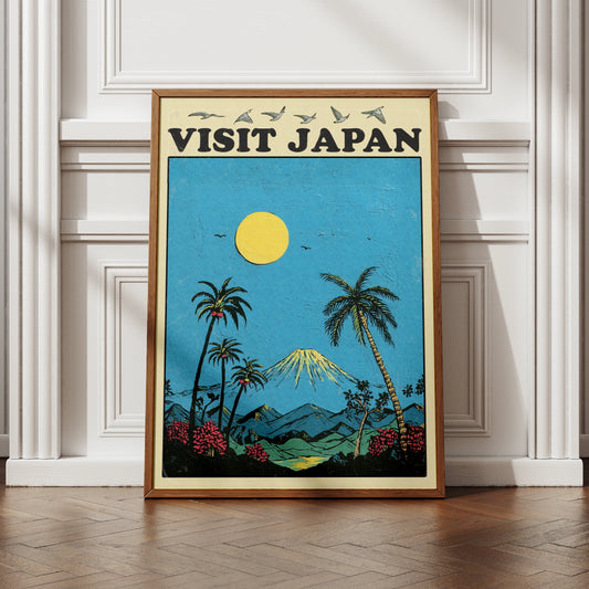 Visit Japan Travel Poster, Mount Fuji Retro Wall Art, Vintage Japan Print, Tropical Blue