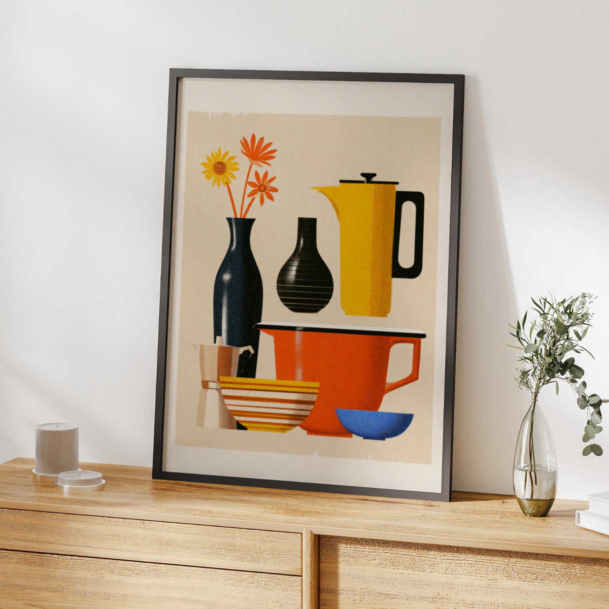 Retro Kitchen Still Life Poster, Mid Century Modern Homeware Wall Art Print