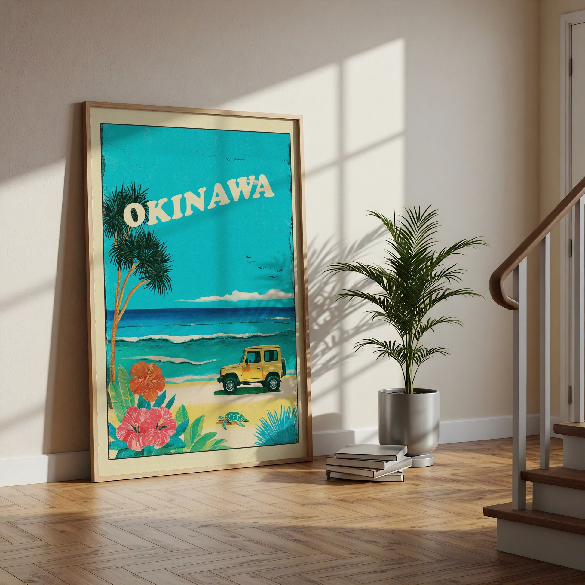 Okinawa Retro Travel Poster, Japan Beach Print, Vintage Tropical Wall Art, Jeep