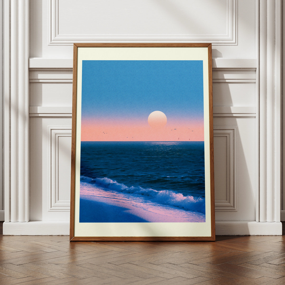 Japanese Sunset Ocean Poster, Pink Blue Seascape Wall Art, Coastal Sun Print