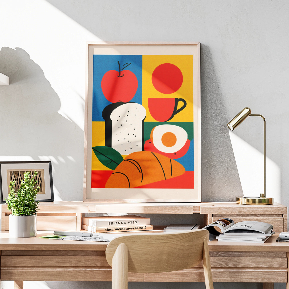 Bakery Breakfast Poster, Bold Retro Kitchen Wall Art, Bread Egg Apple Coffee Print