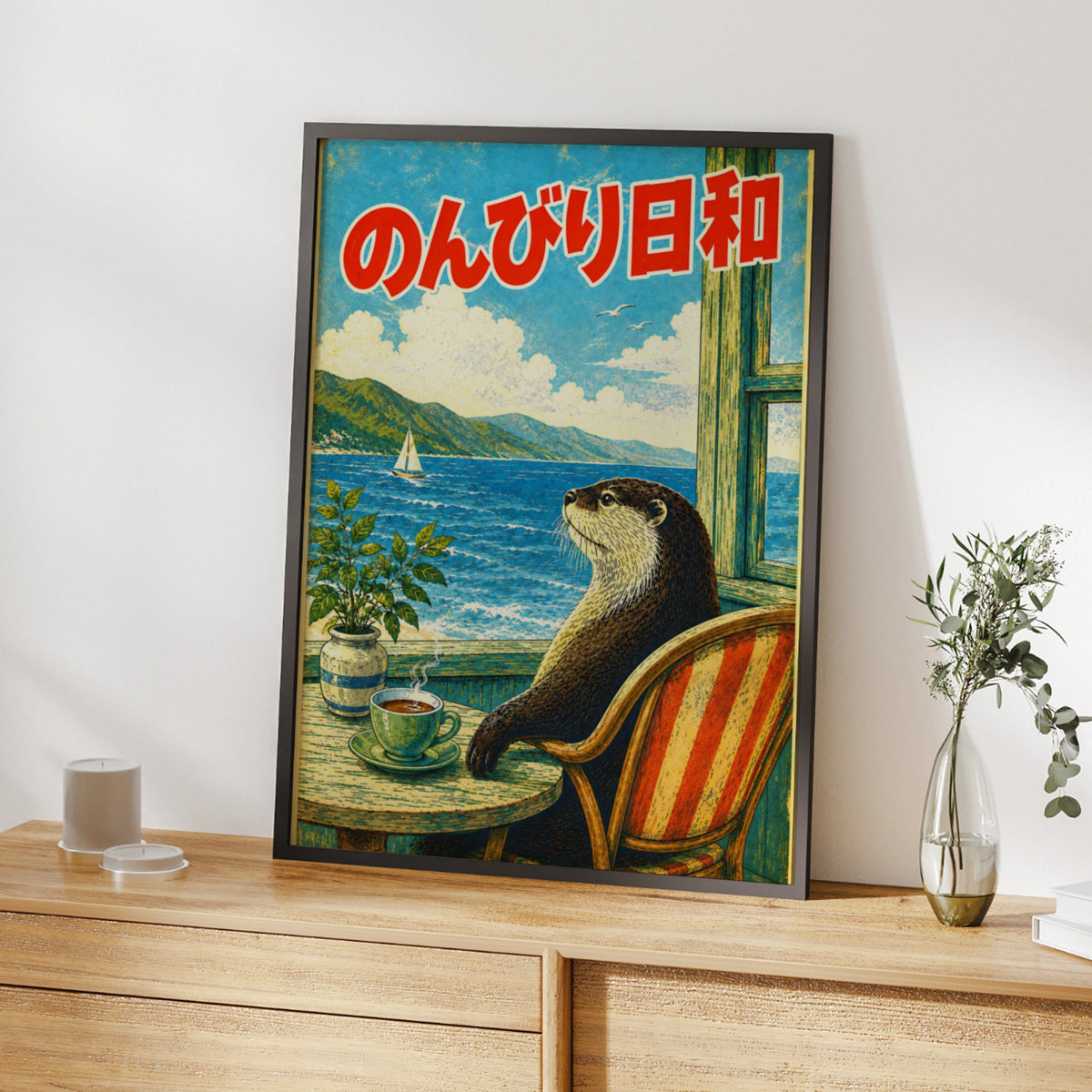 Japanese Otter Poster, Retro Japan Wall Art, Cute Otter Print, Vintage Cafe Sea View
