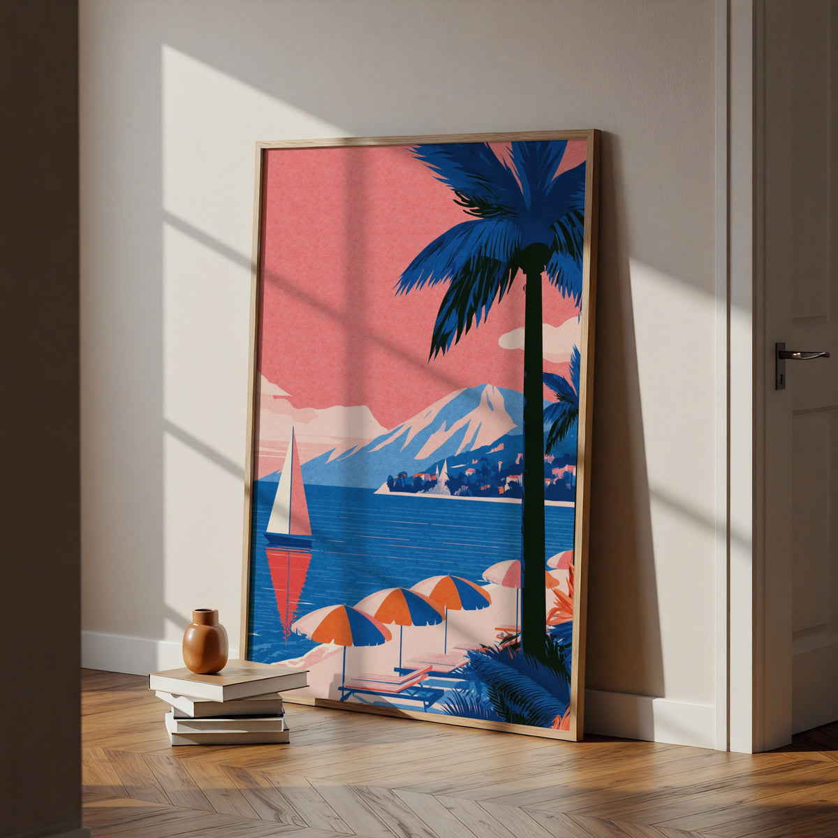 French Riviera Travel Poster, Vintage Beach Print, Cote d'Azur Wall Art, Pink Blue