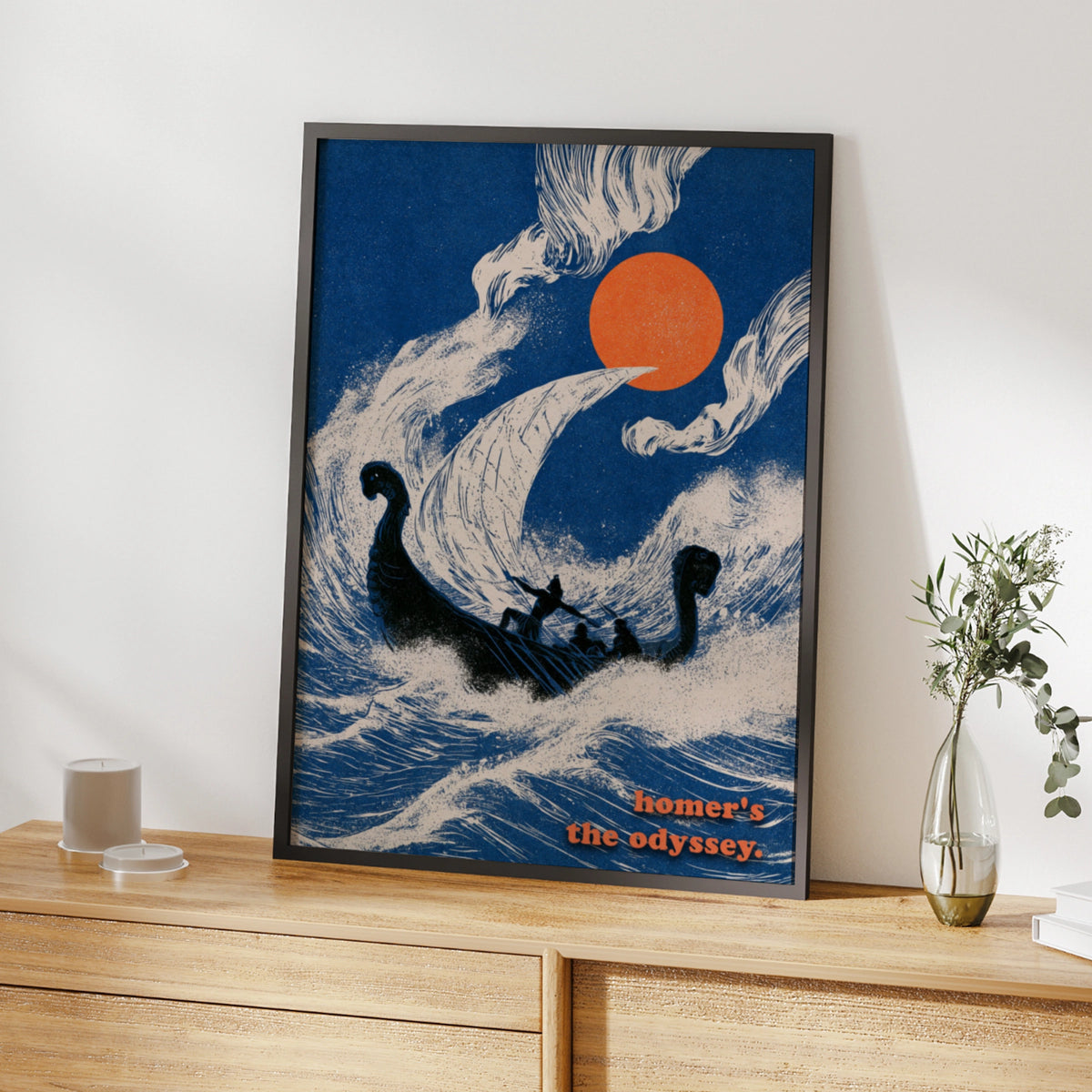 Homer's Odyssey Poster, Greek Mythology Wall Art, Ancient Greek Literature Print, Navy Blue Orange Decor