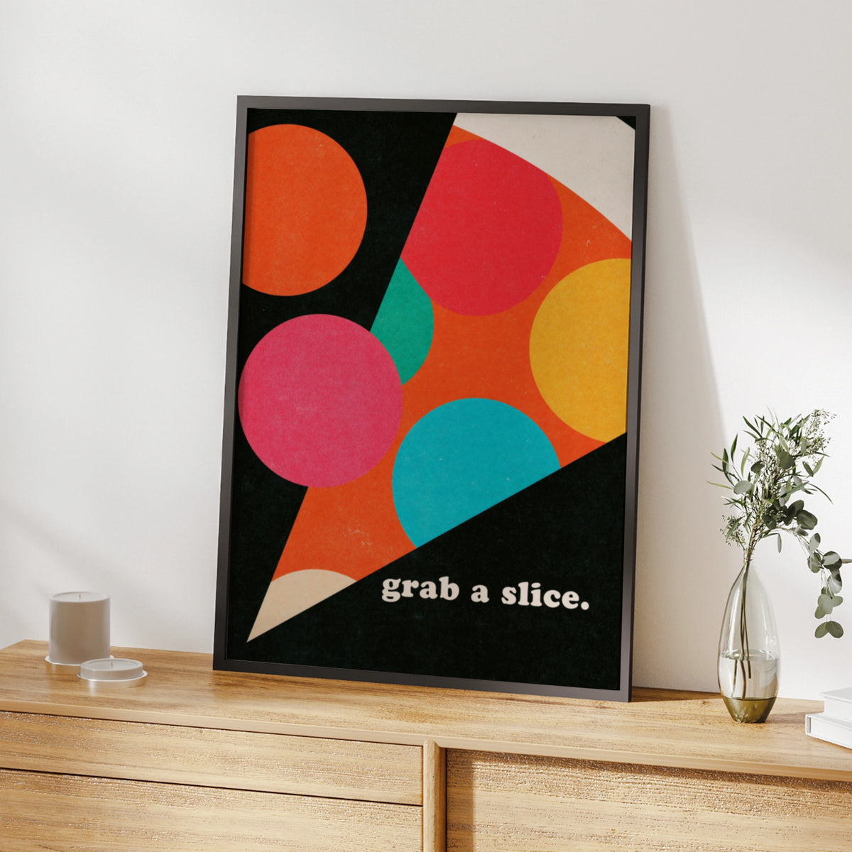 Pizza Slice Retro Wall Art, Colourful Food Poster, Bold Geometric Print for Kitchen