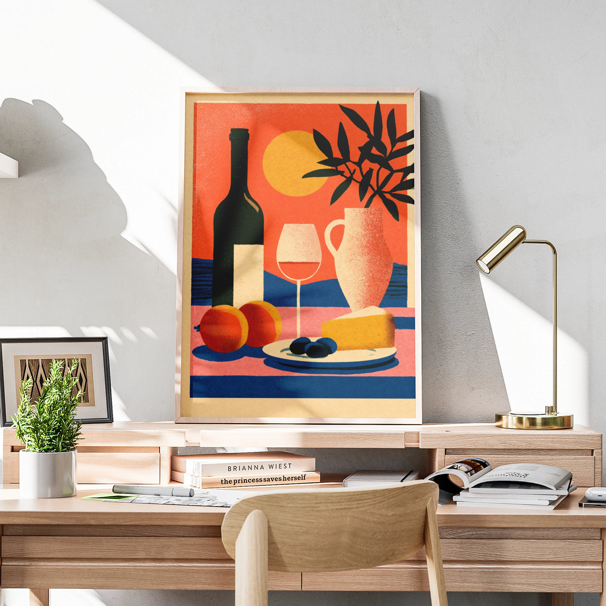 Mediterranean Still Life Wine Poster, Kitchen Wall Art, Cheese Olives Sun Print