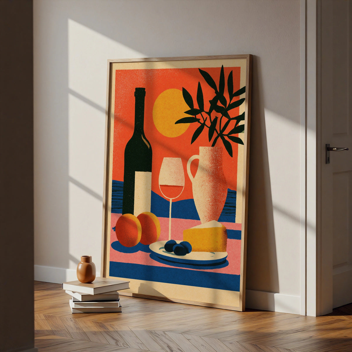 Mediterranean Still Life Wine Poster, Kitchen Wall Art, Cheese Olives Sun Print