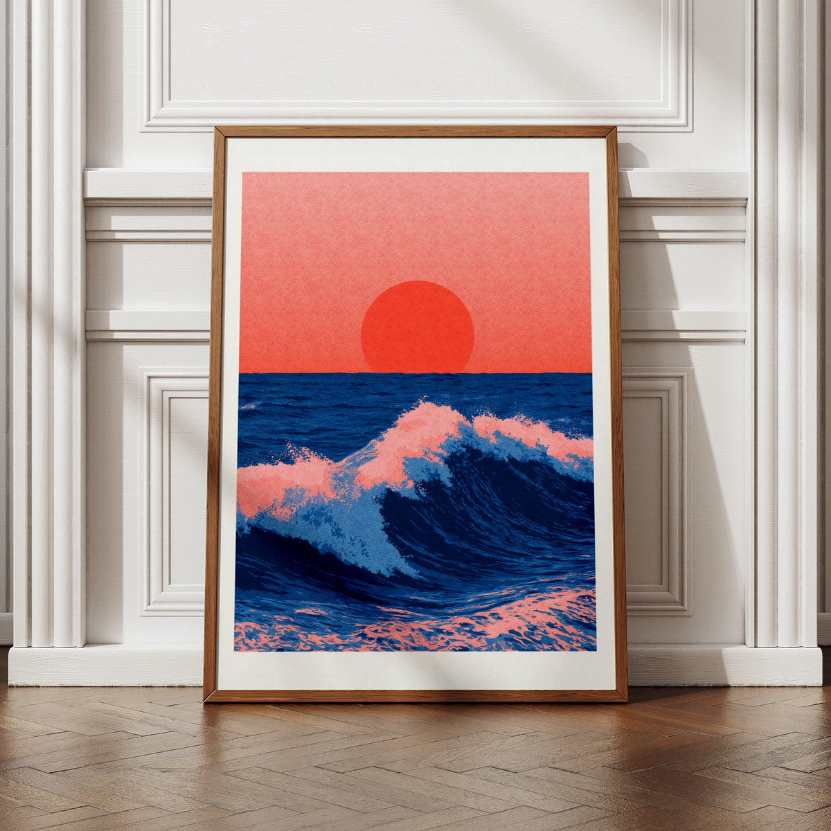 Japanese Sunset Ocean Wave Poster, Coral Pink Navy Blue Sea Wall Art Print