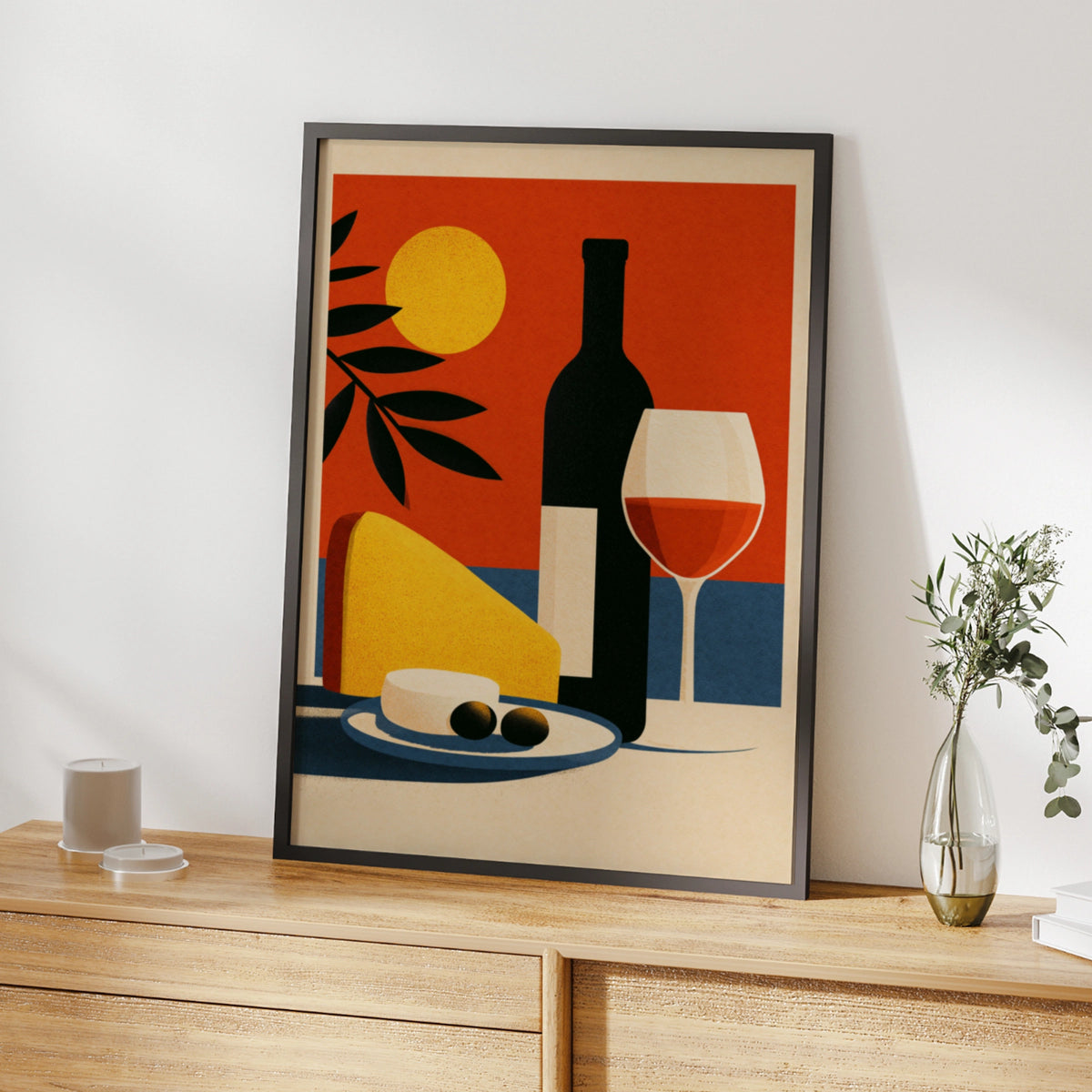 Italian Still Life Wine Poster, Cheese & Olives Wall Art, Retro Kitchen Print