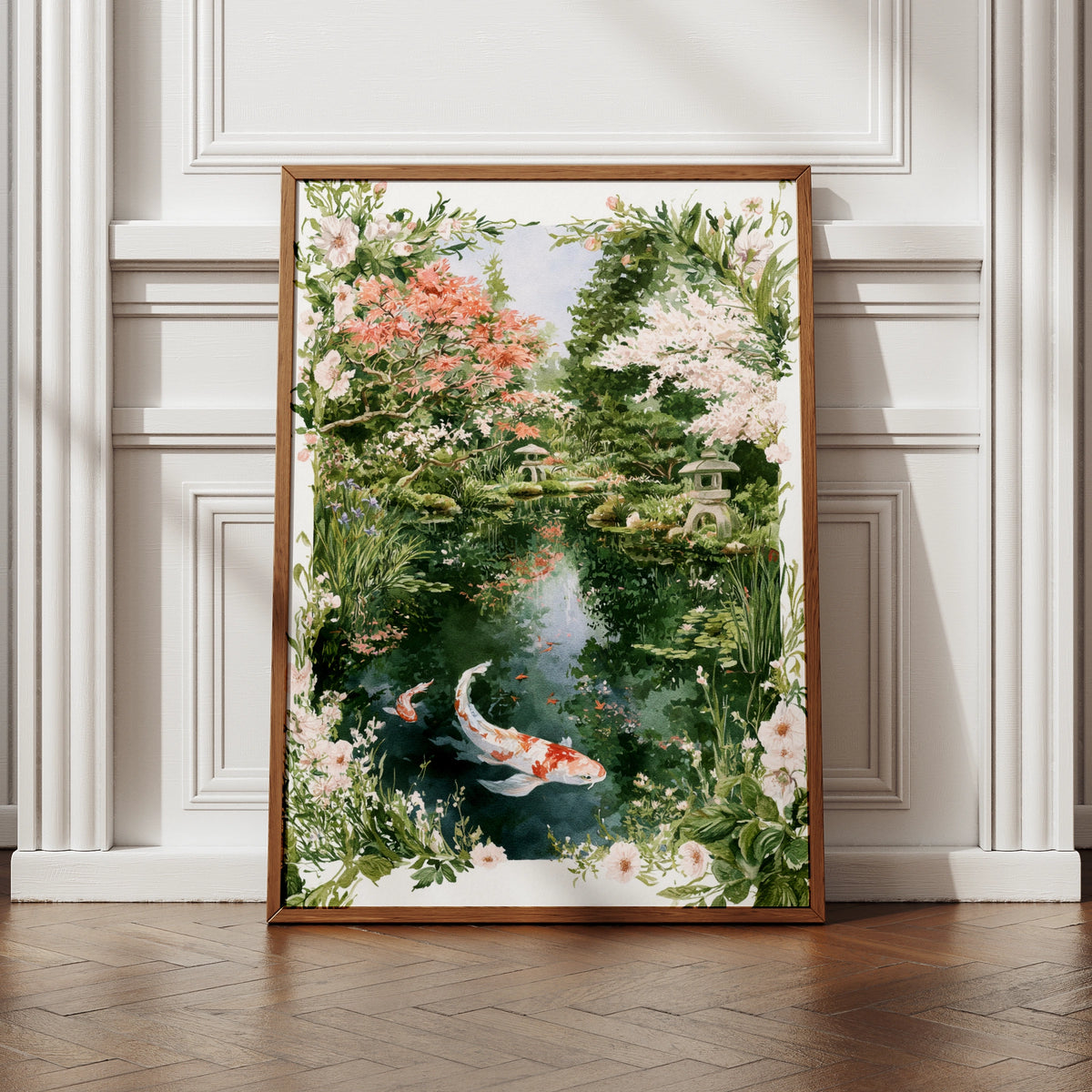Japanese Koi Garden Poster, Watercolour Koi Pond Print, Zen Wall Art, Floral