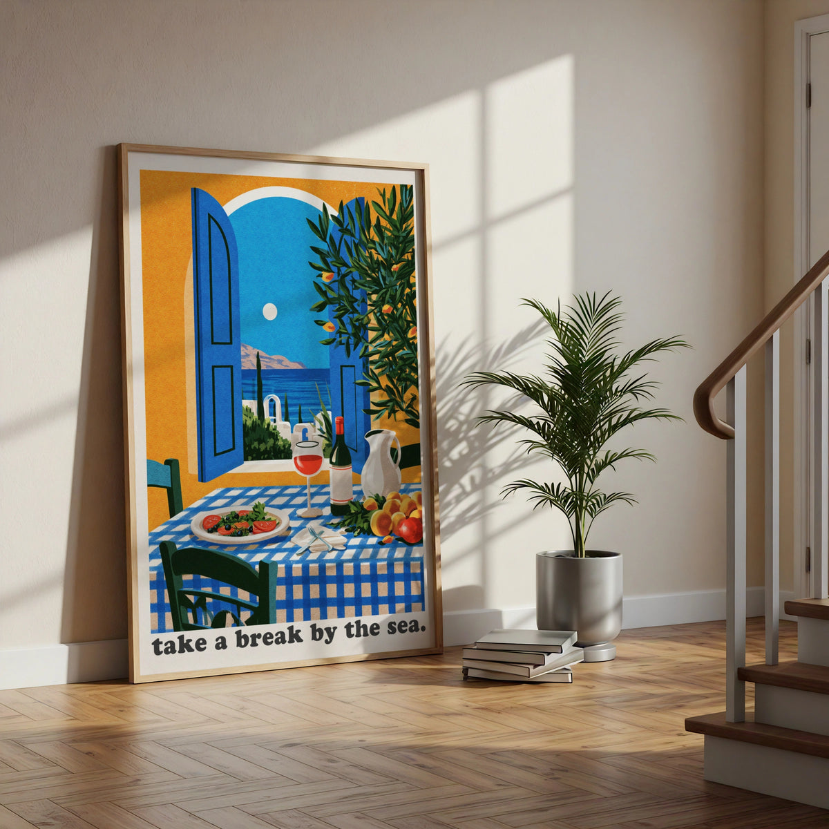 Greece Travel Poster, Mediterranean Sea View Print, Retro Greek Island Wall Art, Kitchen Decor