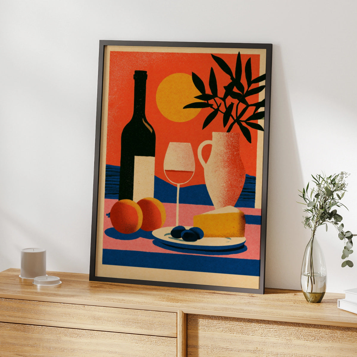 Mediterranean Still Life Wine Poster, Kitchen Wall Art, Cheese Olives Sun Print