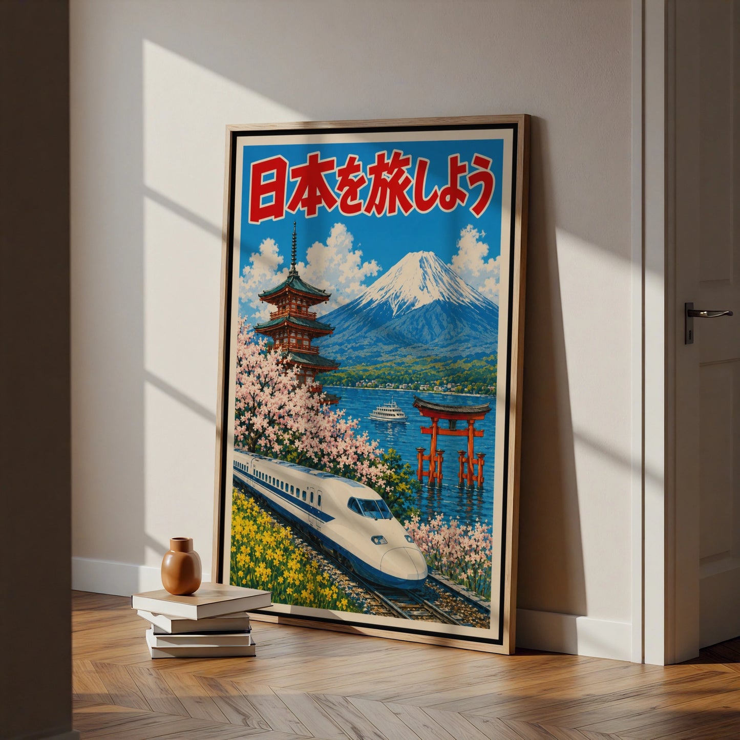 Travel Japan Poster, Mount Fuji Shinkansen Print, Japanese Wall Art, Torii Gate Cherry Blossom