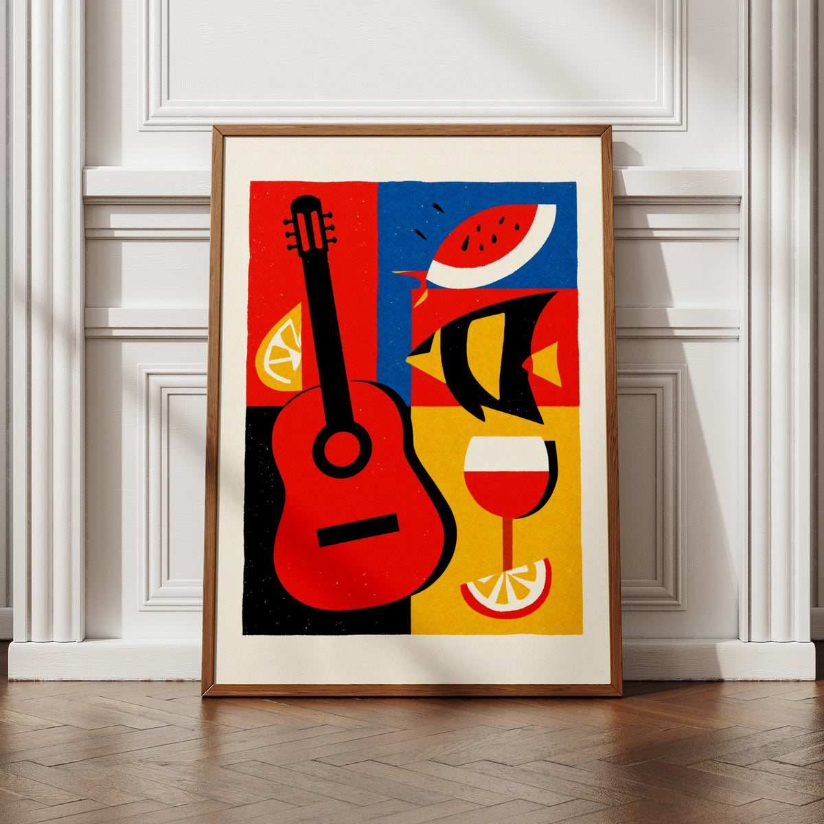 Spanish Tapas Retro Poster, Guitar Wine Fish Art Print, Bold Colour Kitchen Wall Decor