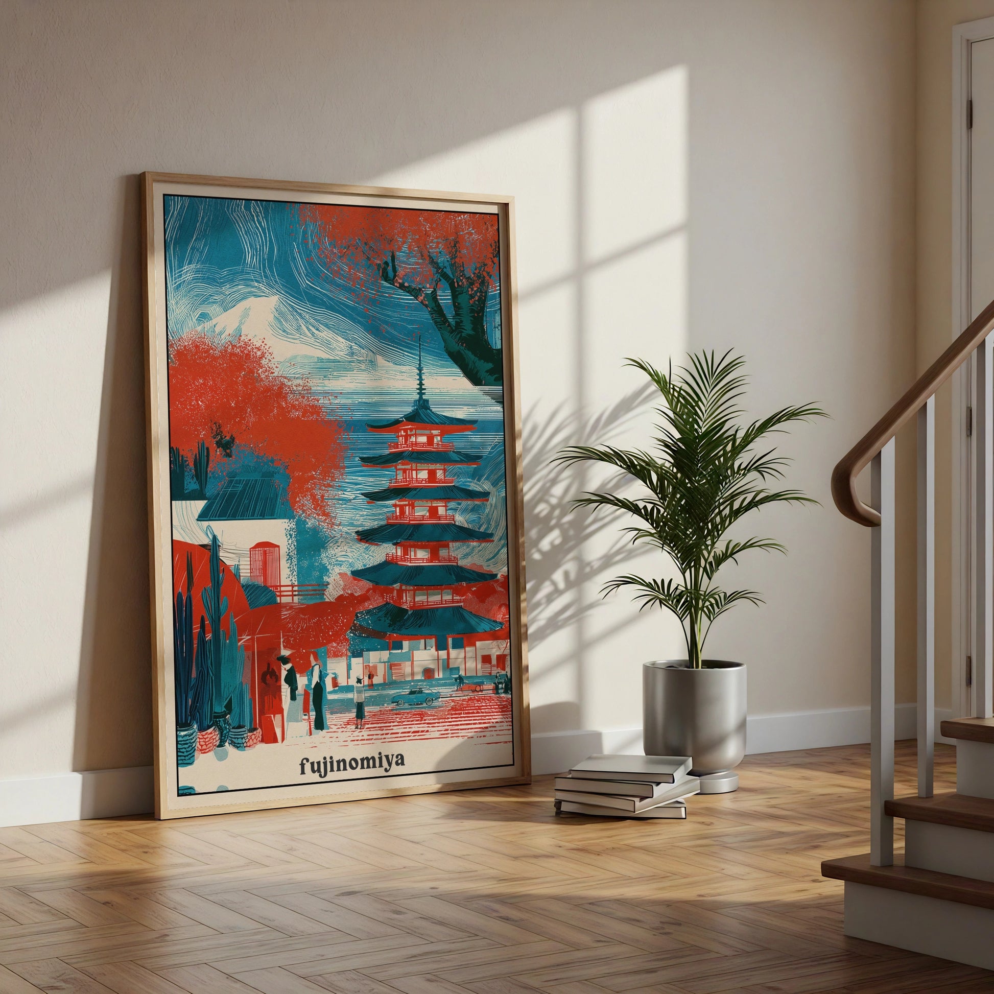 Fujinomiya Japan Travel Poster, Japanese Pagoda Wall Art, Mount Fuji Print, Red Blue