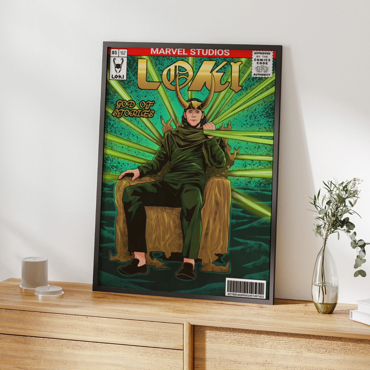 Loki God of Stories Poster, Marvel Comic Book Style Print, Green Gold Wall Art