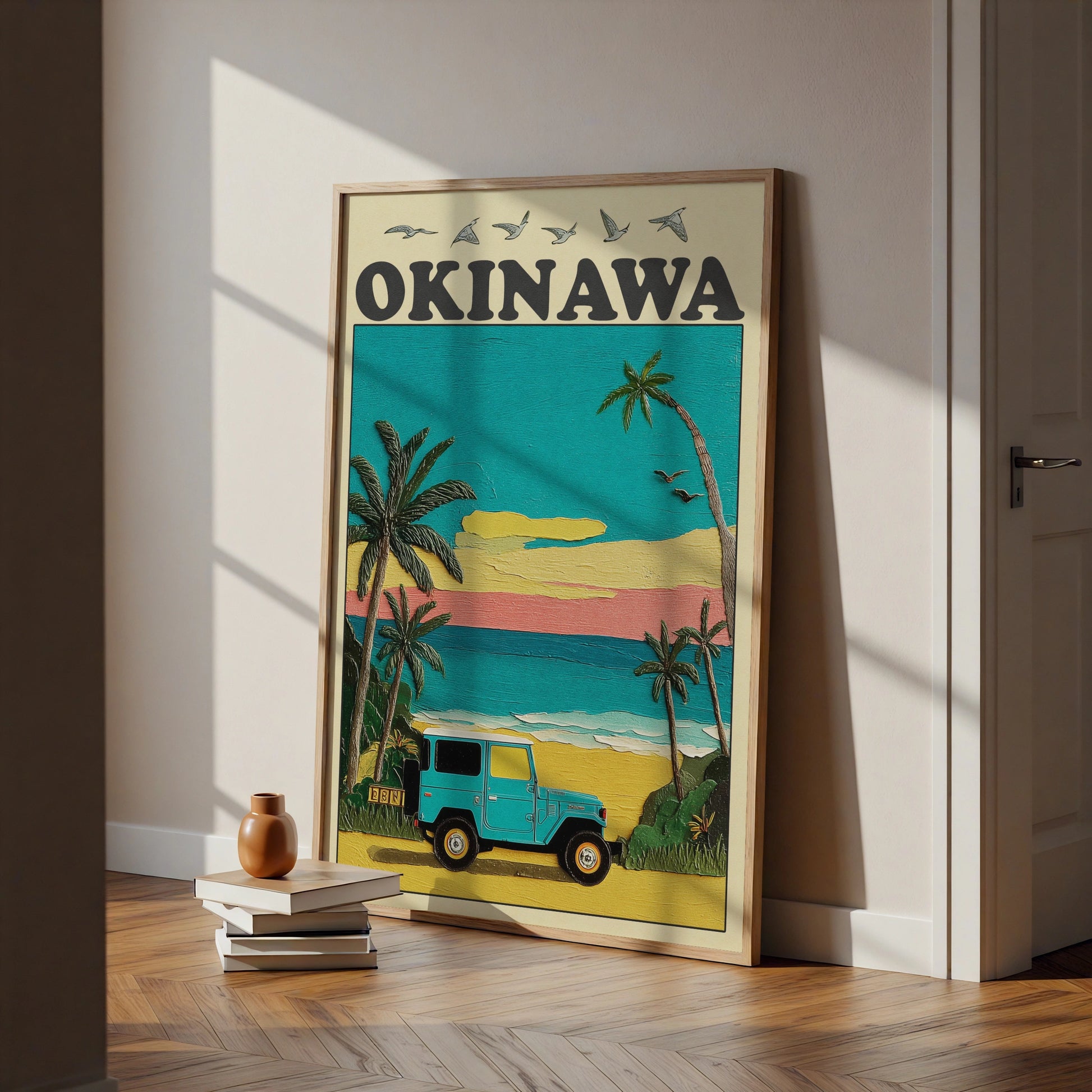 Okinawa Travel Poster, Japan Beach Print, Retro Jeep Wall Art, Vintage Tropical
