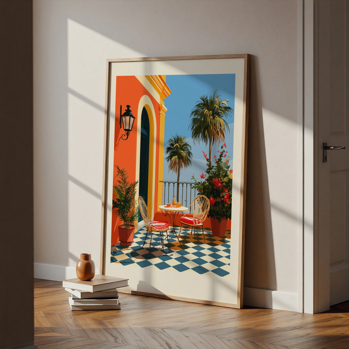 Spanish Terrace Poster, Colourful Mediterranean Wall Art, Retro Travel Print